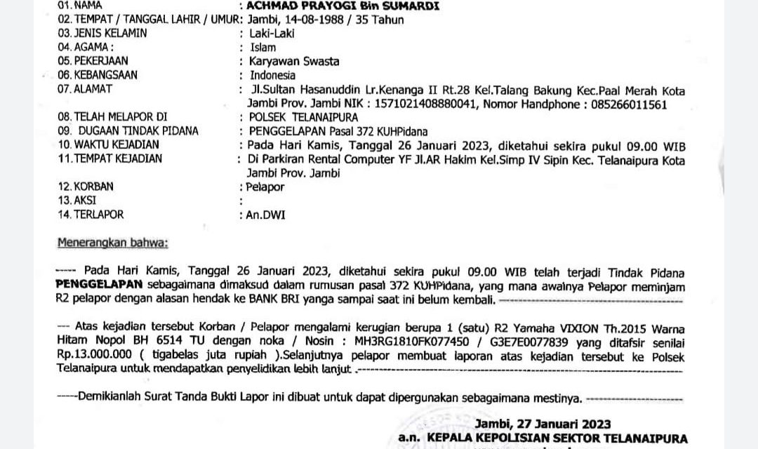 Motor Digelapkan Pelanggan,Pemilik Rental Komputer di Telanai lapor Polisi.
