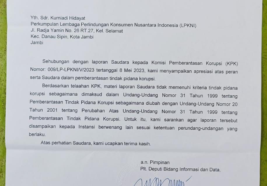 KPK Menanggapi Surat Laporan Masyarakat Melalui Perkumpulan Lembaga Perlindungan Konsumen Nusantara Indonesia(LPKNI)