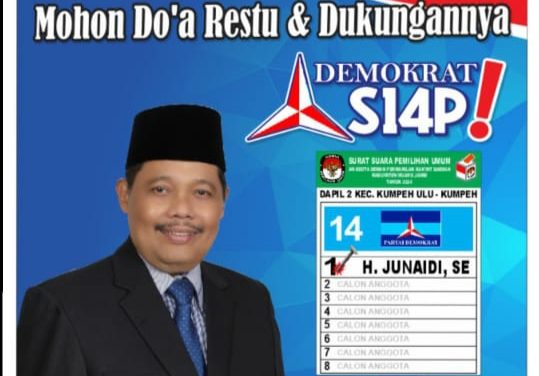 H.Junaidi SE Dari Partai Demokrat nomor urut 1 Calon Anggota DPRD Kabupaten Muaro Jambi Dapil 2 Kecamatan kumpeh ulu-kumpeh Siap memenangkan Pemilihan legislatif 2024
