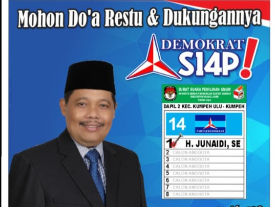 H.Junaidi SE Dari Partai Demokrat nomor urut 1 Calon Anggota DPRD Kabupaten Muaro Jambi Dapil 2 Kecamatan kumpeh ulu-kumpeh Siap memenangkan Pemilihan legislatif 2024