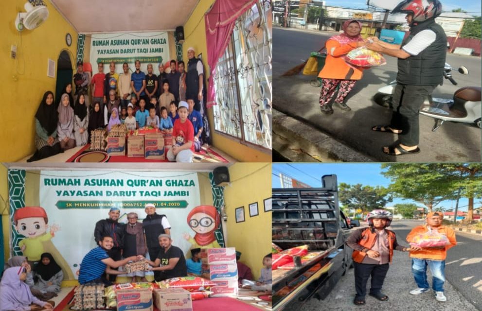 Comunitas Sepeda Lotus Mountain Bike Jambi Menggelar Bakti Sosial Pembagian Sembako ke Panti Asuhan Qur’an Ghaza,Fakir Miskin, Petugas Pembersih Jalan.