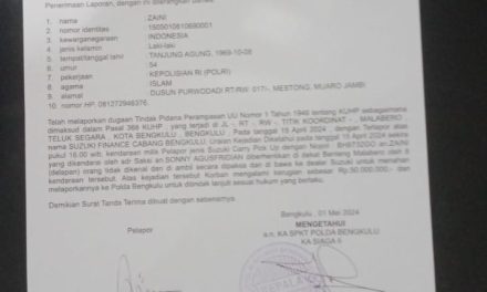 “Kurniadi Hidayat”:Polda Bengkulu Harus Segera Menindak Lanjuti Laporan Dugaan Perampasan Yang Dilakukan Pihak Debt Collector Suzuki Finance