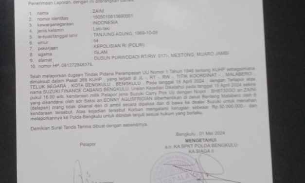“Kurniadi Hidayat”:Polda Bengkulu Harus Segera Menindak Lanjuti Laporan Dugaan Perampasan Yang Dilakukan Pihak Debt Collector Suzuki Finance