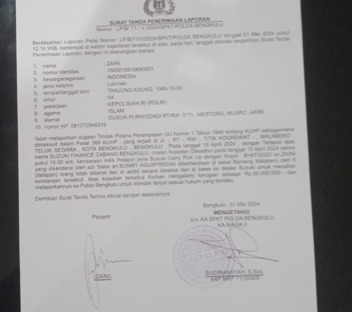 “Kurniadi Hidayat”:Polda Bengkulu Harus Segera Menindak Lanjuti Laporan Dugaan Perampasan Yang Dilakukan Pihak Debt Collector Suzuki Finance