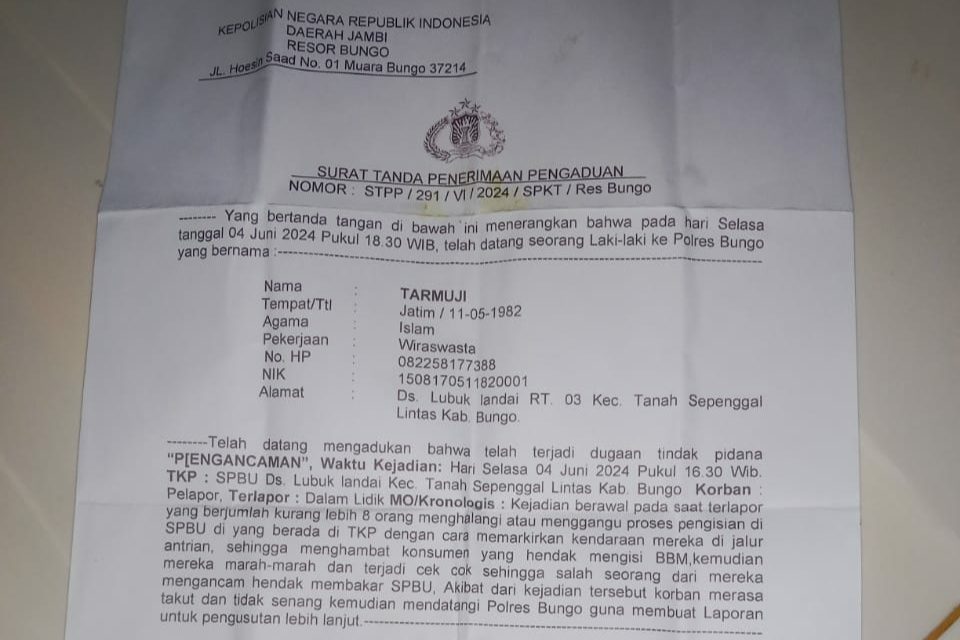 8 Orang Tidak Dikenal Diduga Melakukan Perbuatan Tidak Menyenangkan Dan Pengancaman Pembakaran SPBU di Kabupaten Bungo.