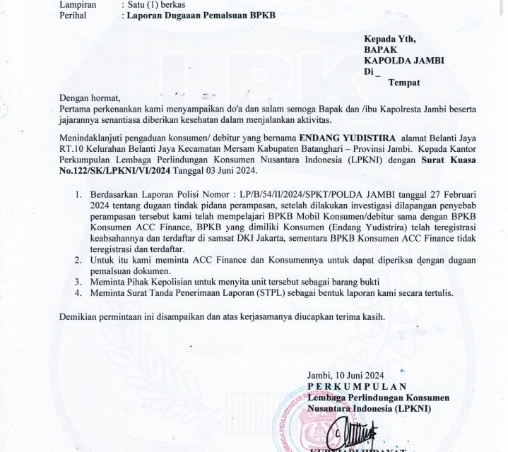 Diduga Penggandaan BPKB, Merasa di Rugikan, Warga Batang Hari Lapor Ke Polda Dan LPKNI
