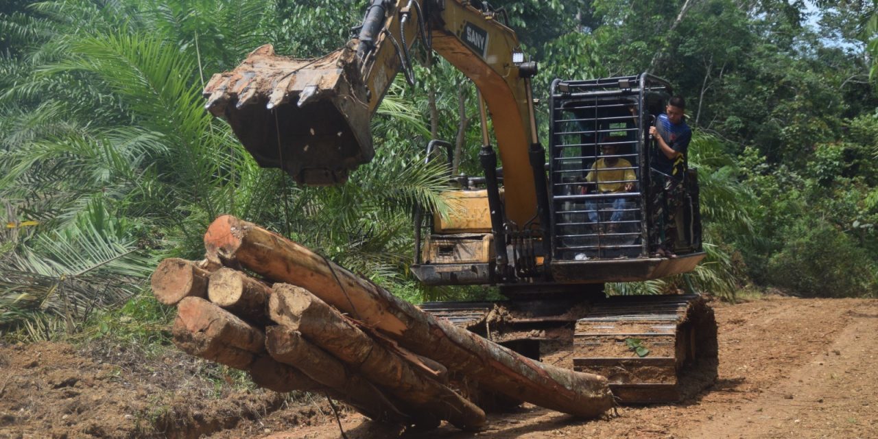 Tak Ada Rotan Akar Pun Jadi, Anggota Satgas TMMD ke 122 Kodim 0420 Sarko Gunakan Alat Berat Untuk Mobilisasi Kayu Jembatan Darurat