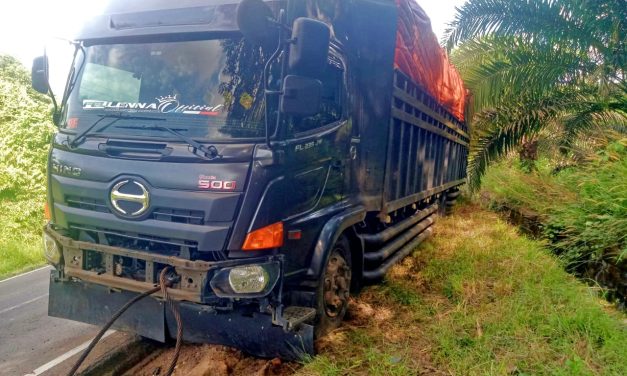 Mobil Fuso Keluar Jalan Gegara Menghindari Mobil Menyalip
