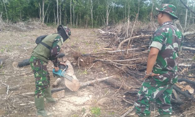 Anggota Satgas TMMD ke 122 Kodim Sarko Siapkan Kayu Penahan Gorong-gorong Untuk Jembatan Darurat