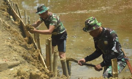 Anggota Satgas TMMD ke 122 Kodim 0420 Sarko Pasang Kayu Penahan Dinding Kolam
