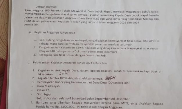 Kades Lubuk Napal Dilaporkan ke Inspektorat, Diduga Selewengkan Dana Desa 2023–2024