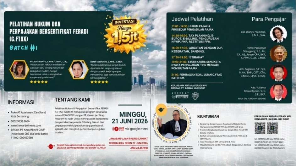 Pelatihan Hukum Pajak FERADI Tax Consultant Digelar Online, Siapkan Profesional Hadapi Sengketa Perpajakan