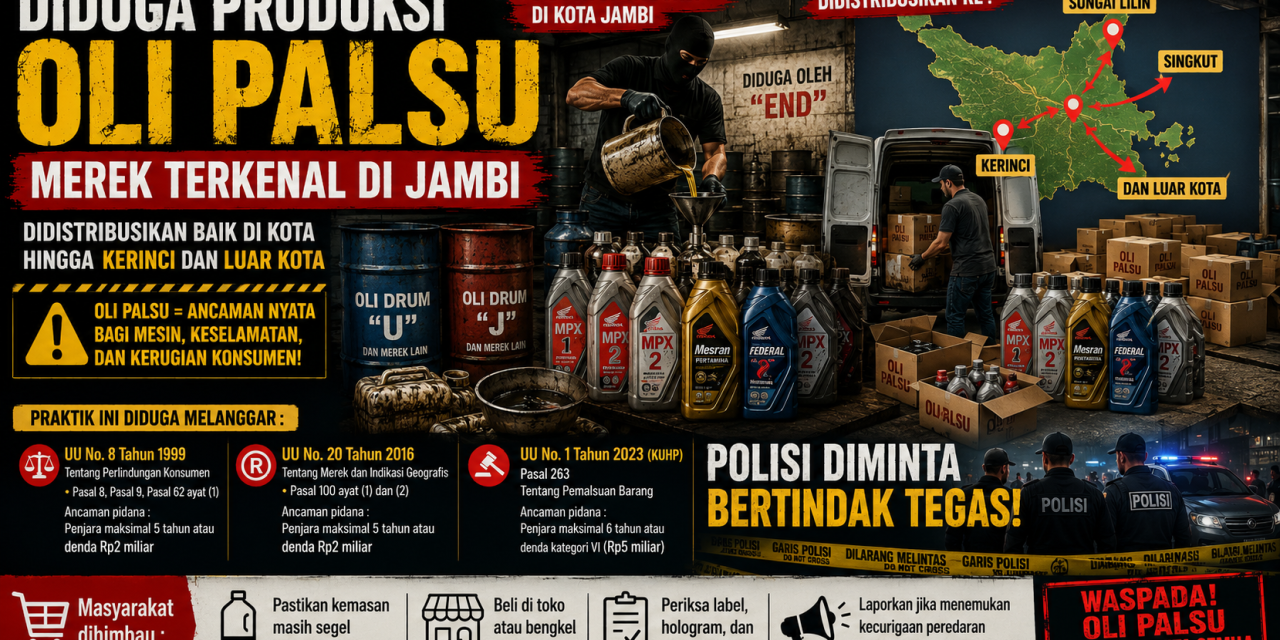 Diduga Produksi Oli Palsu Bermerek Terkenal Di Jambi, Distribusi Disebut Menjangkau Kerinci Hingga Luar Daerah