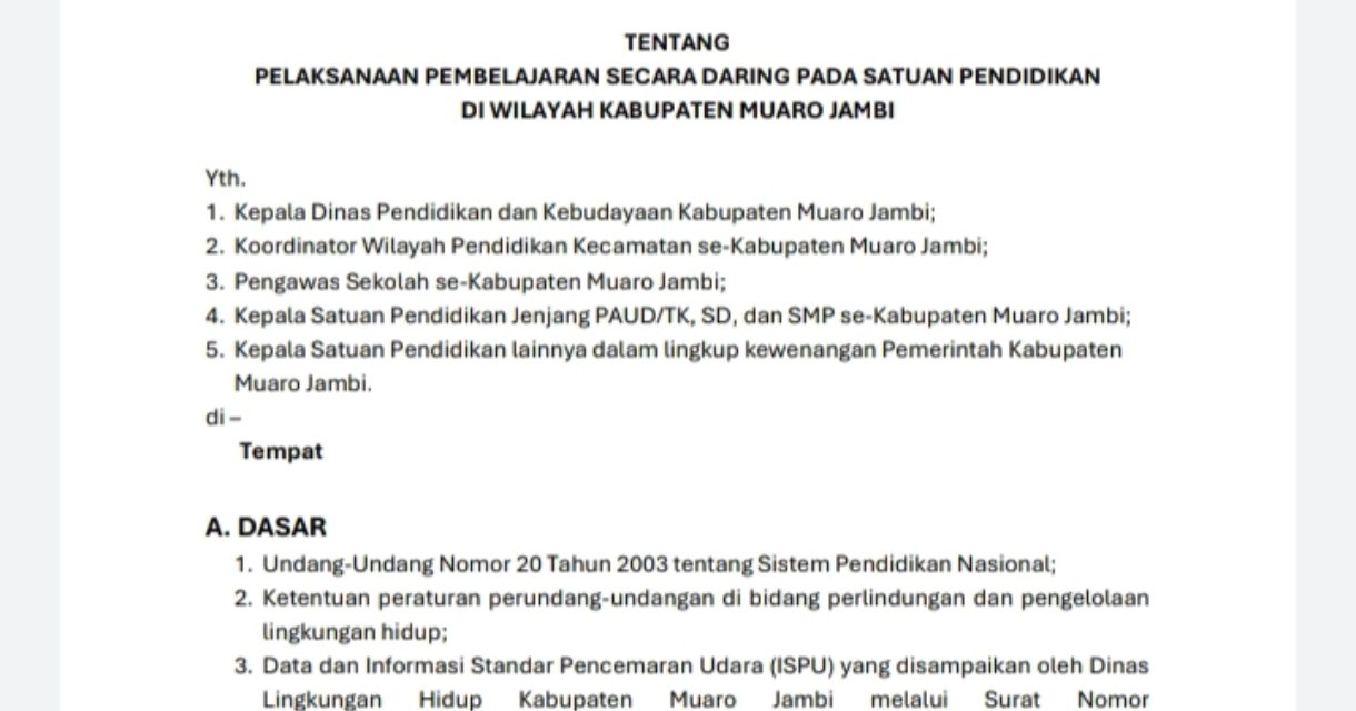 Kabut Asap Memburuk, Disdik Muaro Jambi Terapkan Pembelajaran Daring Selama Tiga Hari