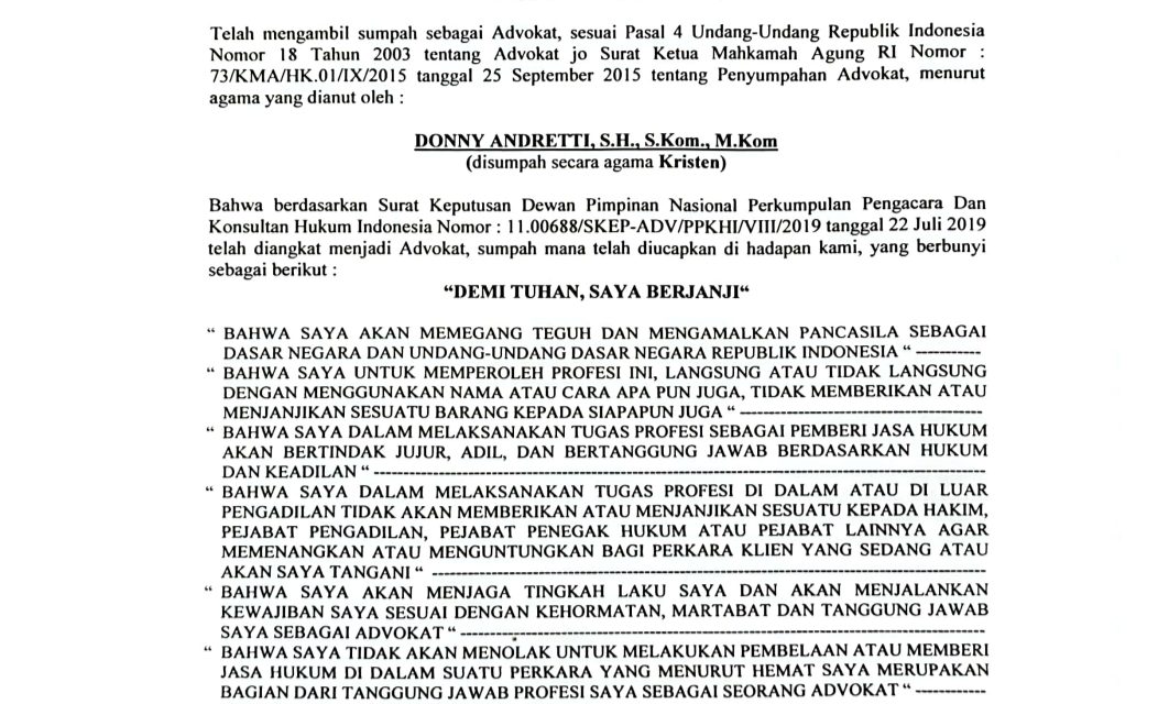 Donny Andretti Ingatkan Masyarakat Verifikasi BAS Advokat, Waspadai Dugaan Advokat Palsu