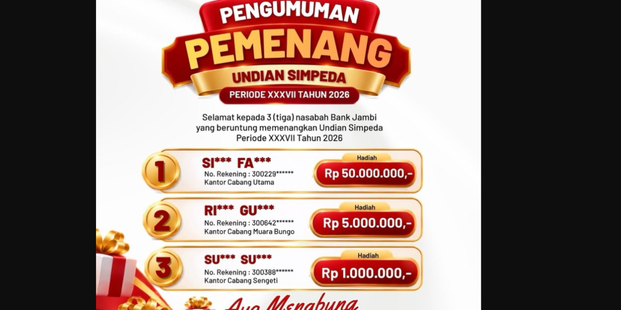 Bank Jambi Umumkan Tiga Pemenang Undian Simpeda Periode XXXVII Tahun 2026