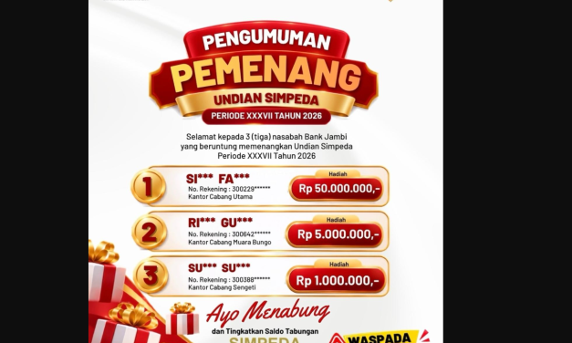 Bank Jambi Umumkan Tiga Pemenang Undian Simpeda Periode XXXVII Tahun 2026